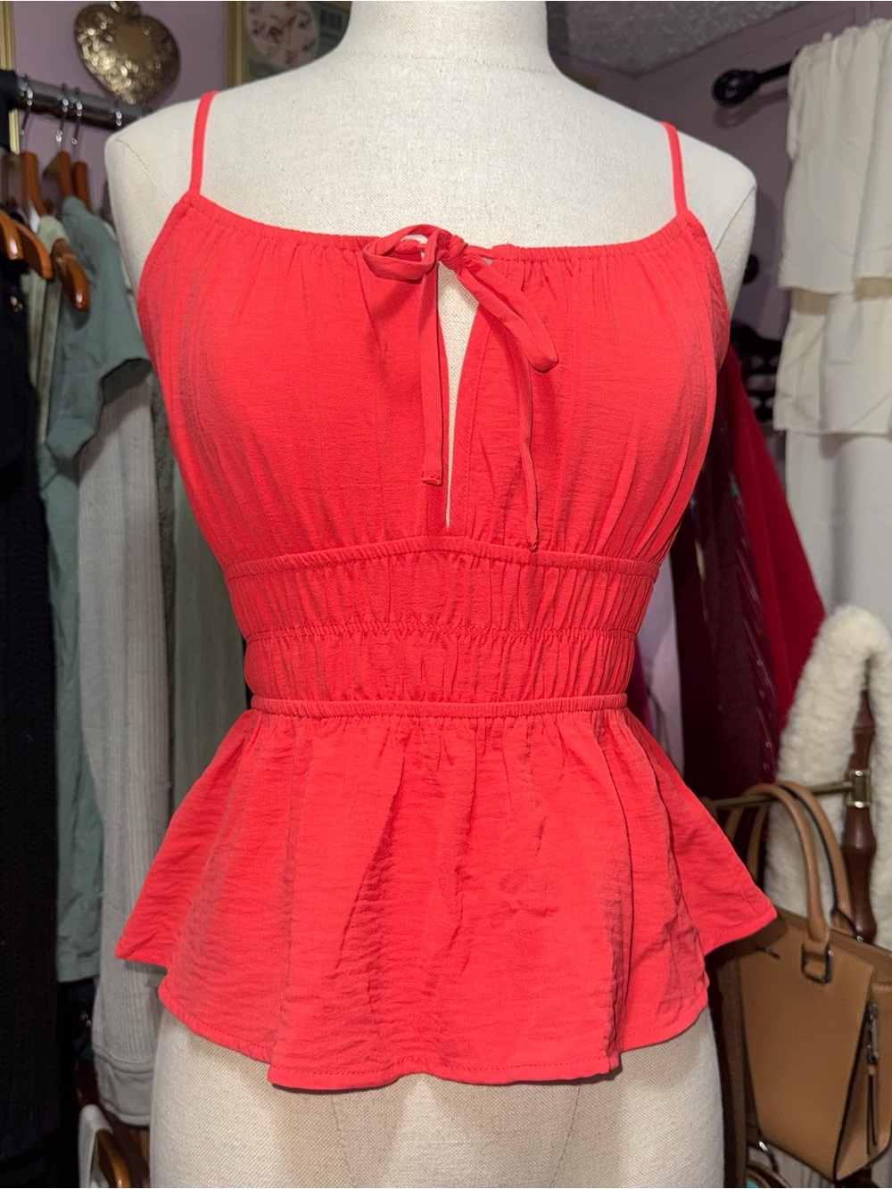 Monteau Coral-Red Tie-Front Peplum Cami Tank